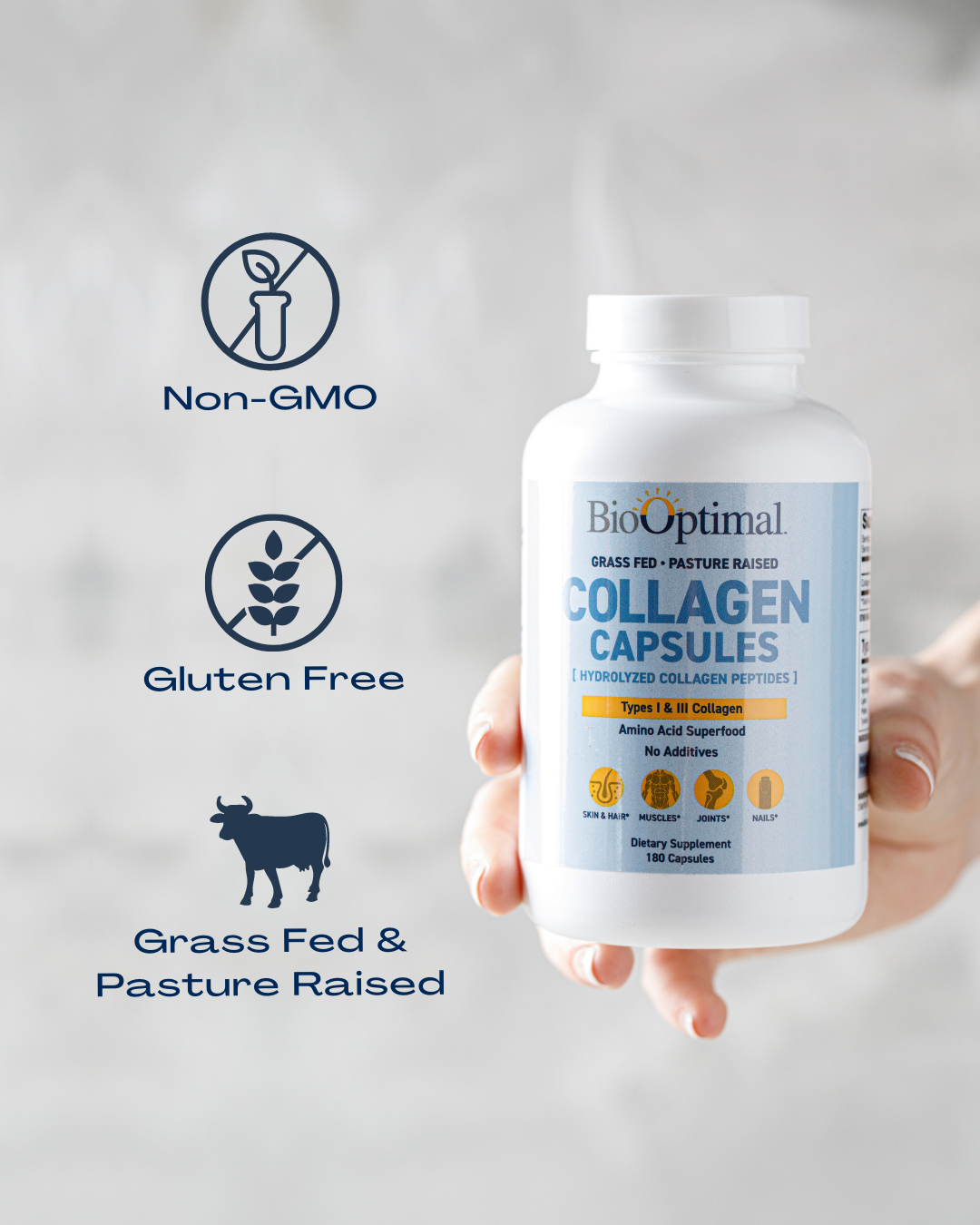 BioOptimal Collagen Capsules - Promotes Hair, Nail, Skin, Bone and Joint Health, Zero Sugar, Unflavored