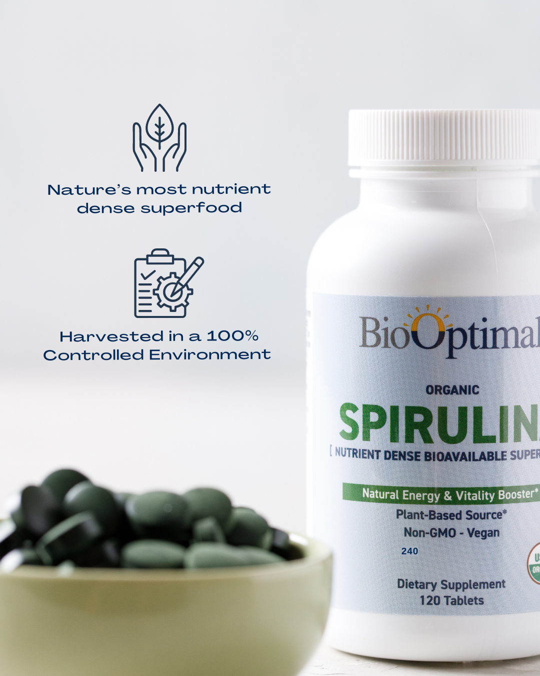 BioOptimal Spirulina Tablets - Organic - No Filler & Non-GMO, Rich in Vegan Protein, Vitamins & Prebiotics