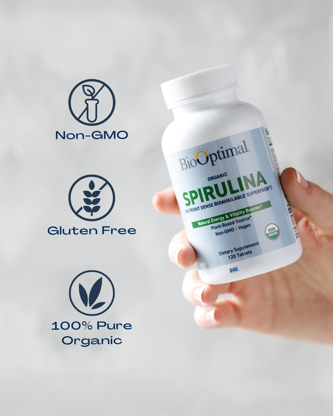 BioOptimal Spirulina Tablets - Organic - No Filler & Non-GMO, Rich in Vegan Protein, Vitamins & Prebiotics