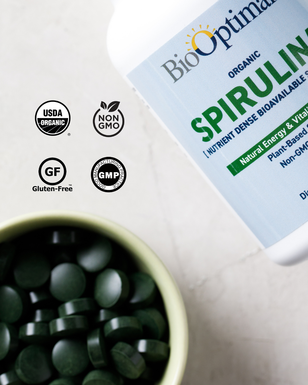 BioOptimal Spirulina Tablets - Organic - No Filler & Non-GMO, Rich in Vegan Protein, Vitamins & Prebiotics