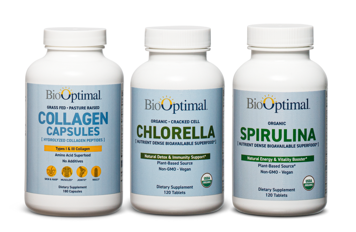 BioOptimal Organic Spirulina Tablets, Organic Chlorella Tablets, and Collagen Capsules BUNDLE!
