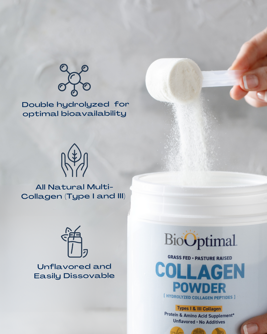 BioOptimal Collagen Powder (30 Serving) - Promotes Hair, Nail, Skin, Bone and Joint Health, Zero Sugar, Unflavored