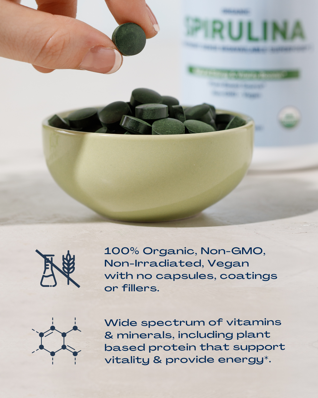 BioOptimal Spirulina Tablets - Organic - No Filler & Non-GMO, Rich in Vegan Protein, Vitamins & Prebiotics