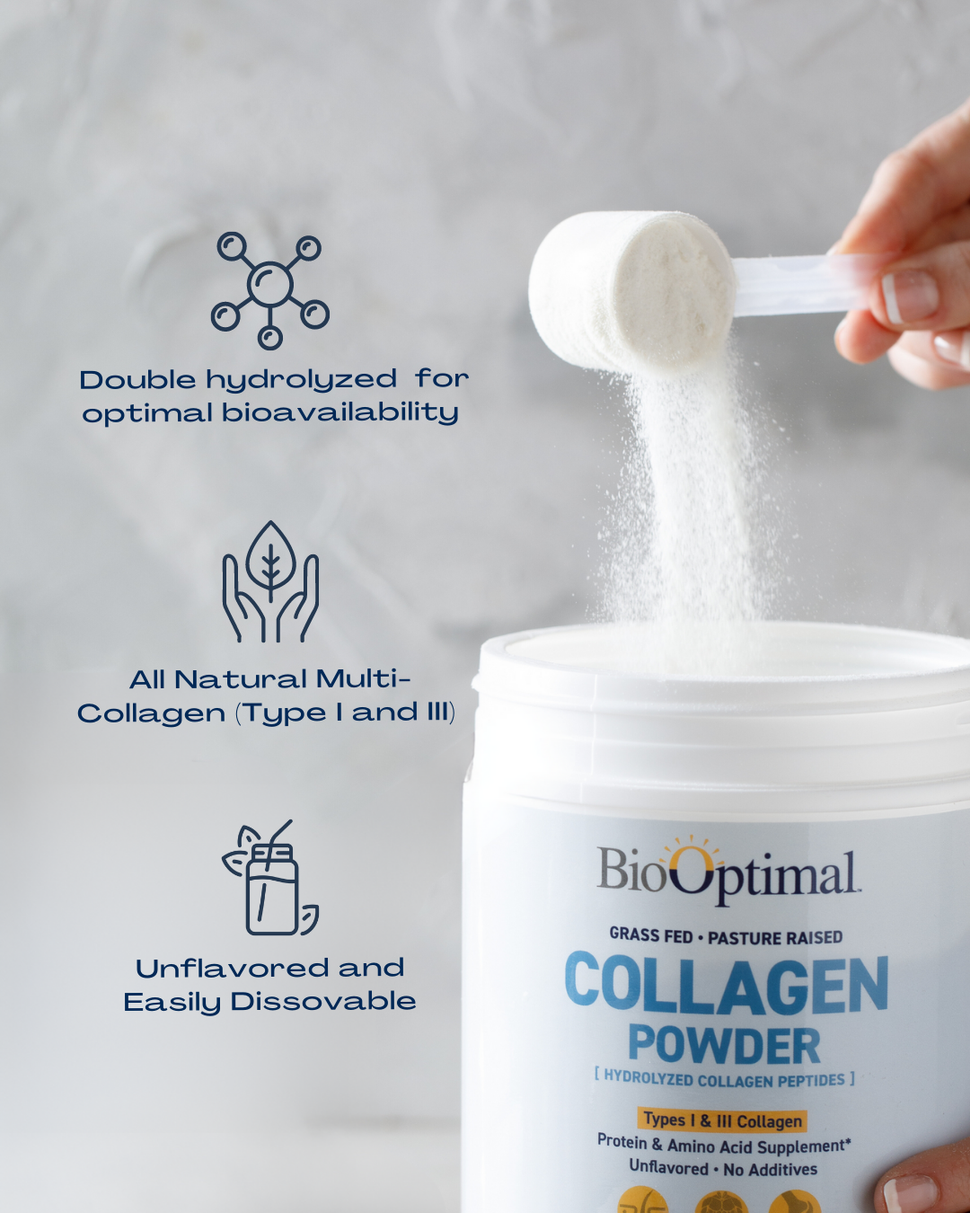 BioOptimal Collagen Powder (45 Serving) - Promotes Hair, Nail, Skin, Bone and Joint Health, Zero Sugar, Unflavored