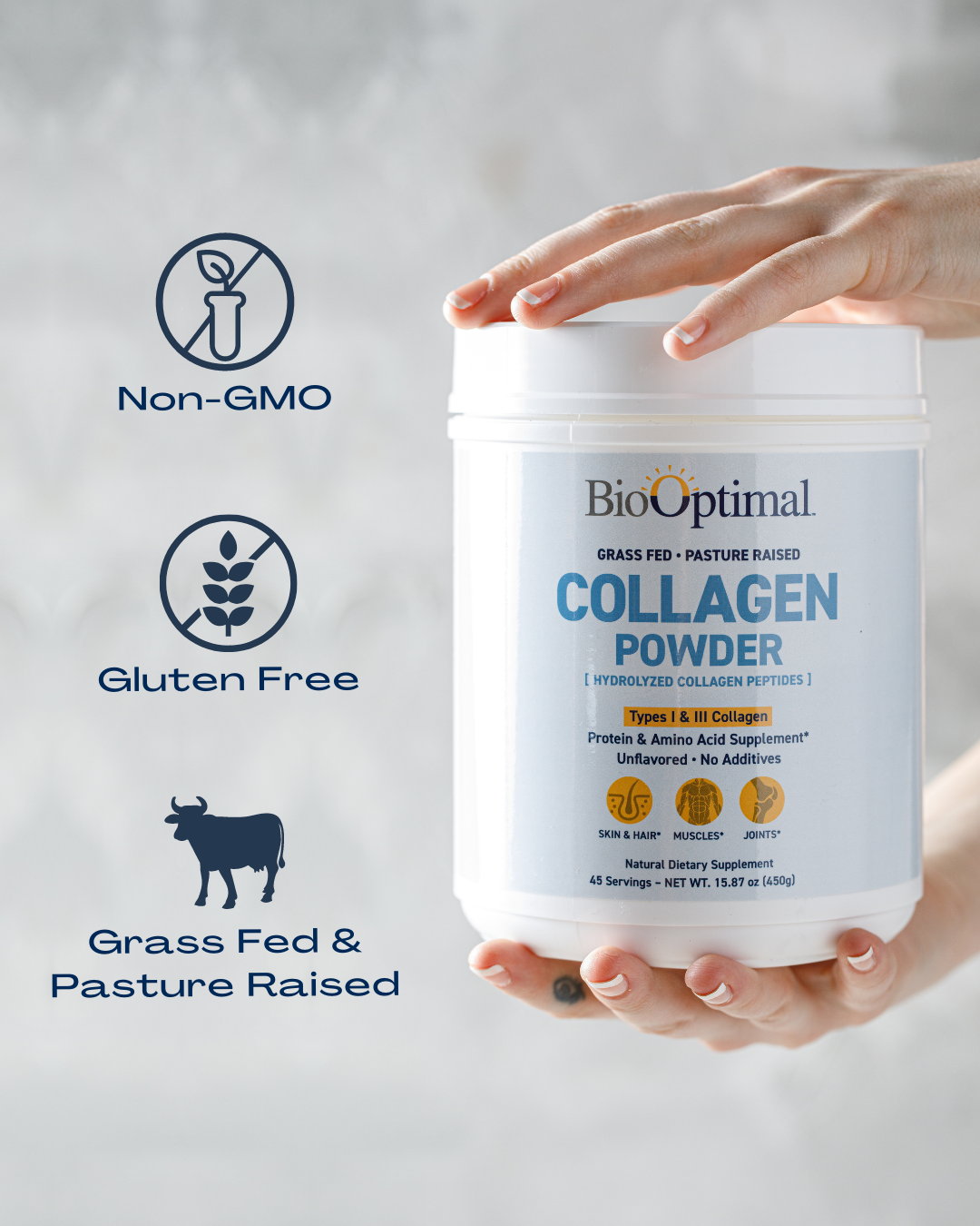 BioOptimal Collagen Powder (45 Serving) - Promotes Hair, Nail, Skin, Bone and Joint Health, Zero Sugar, Unflavored