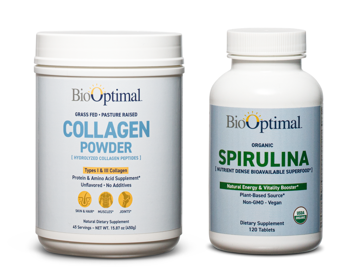 BioOptimal Collagen Powder 45s and Organic Spirulina Tablets BUNDLE!