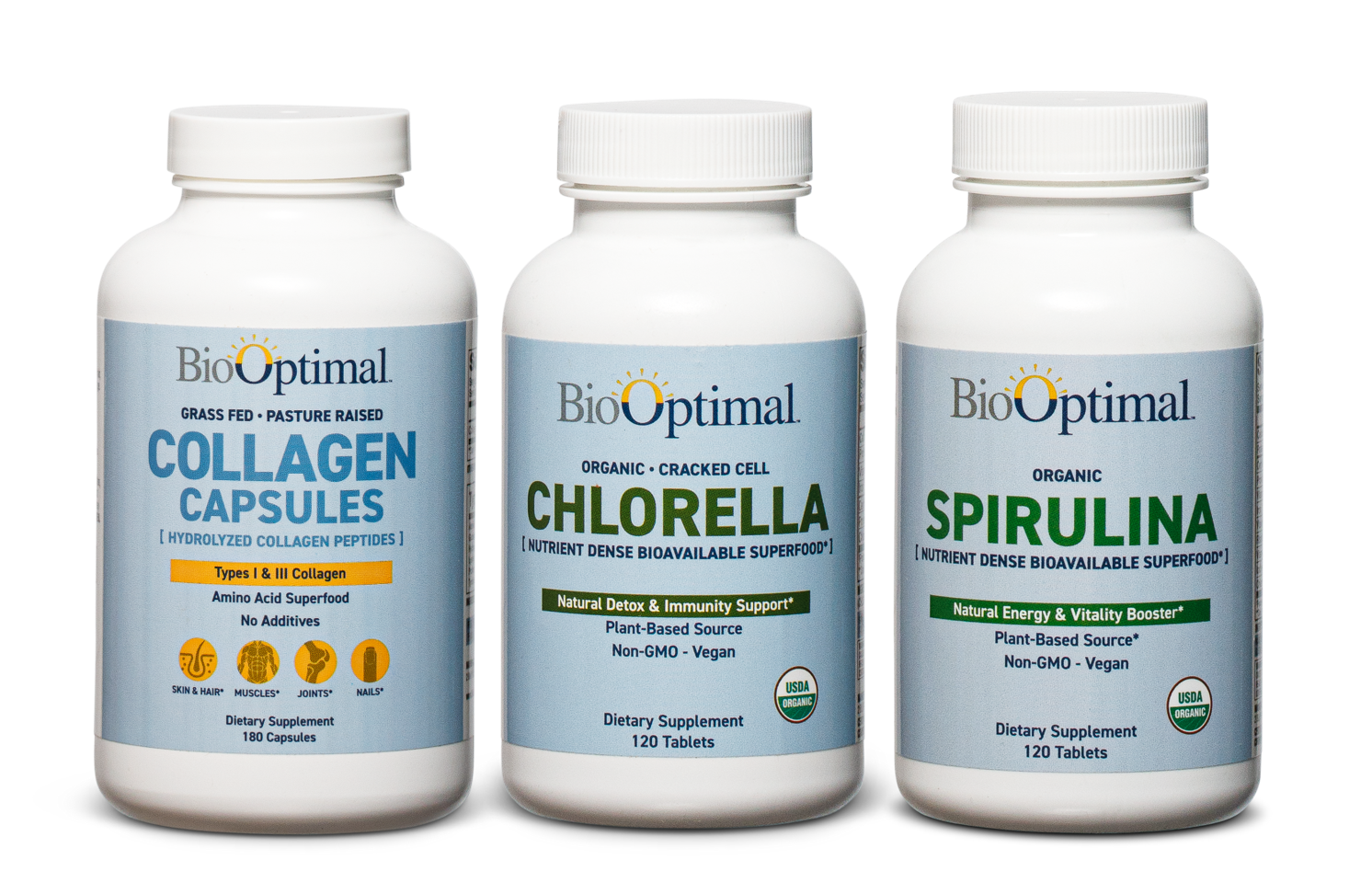 BioOptimal Organic Spirulina Tablets, Organic Chlorella Tablets, and C