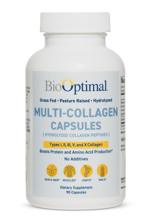 BioOptimal Multi-Collagen Supplement Capsules - Type I, II, III, V, X, Grass Fed, Pasture Raised, 90 Capsules